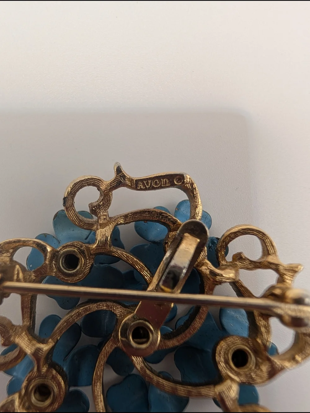 Avon Blue Enamel Floral Brooch with Gold Tone Accents